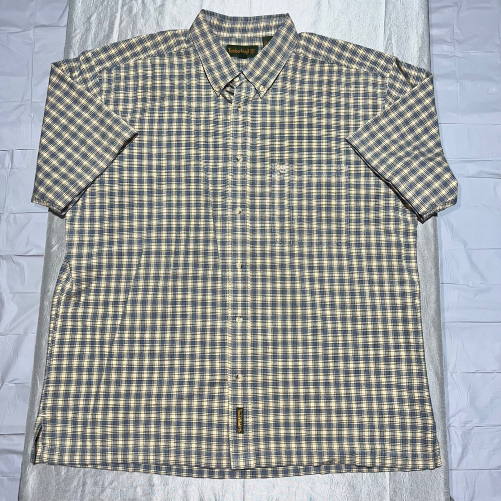 Timberland Mens XL Short Sleeve Button Down Shirt Blue Plaid Cotton Casual Logo